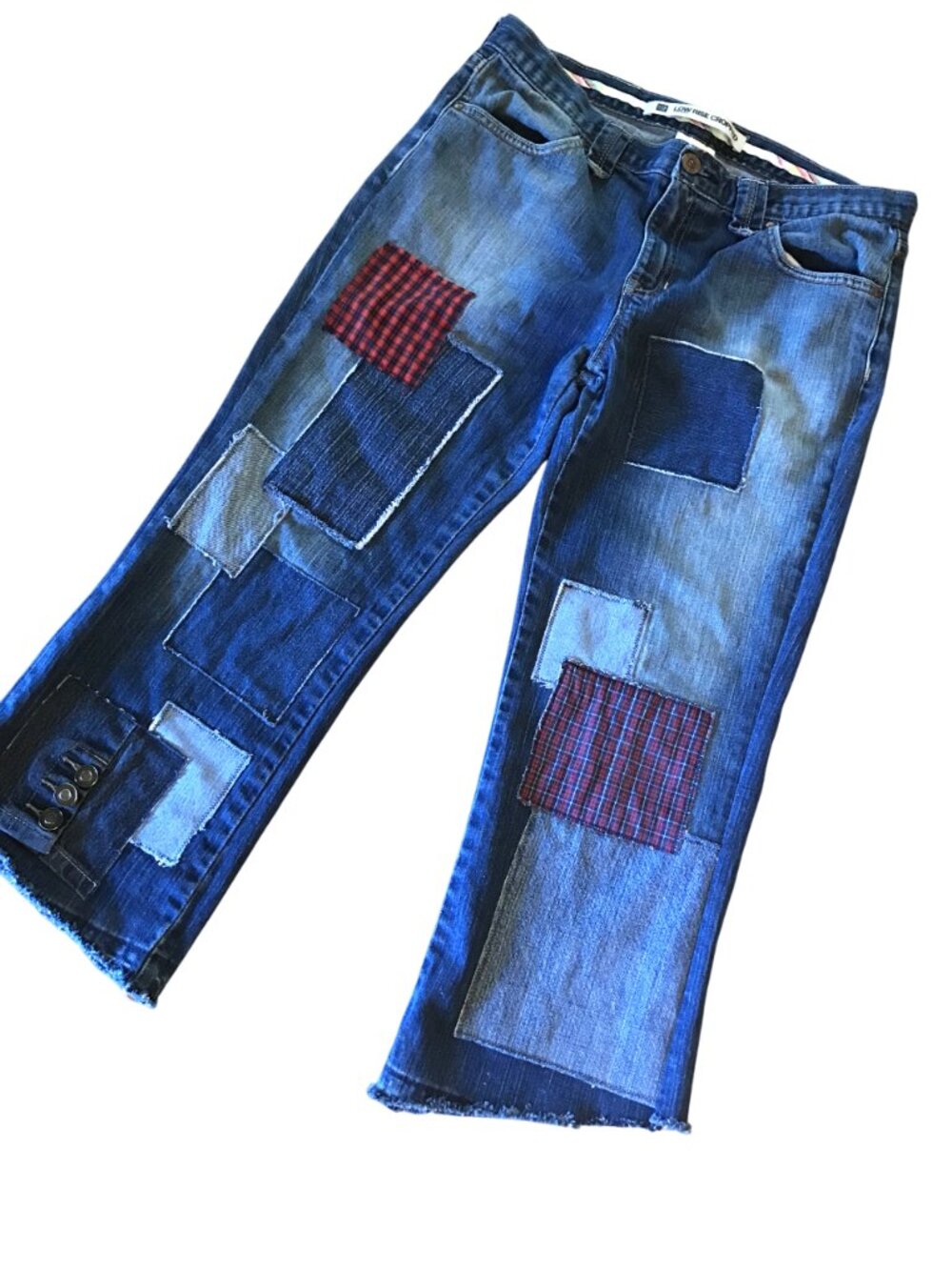 Upcycled Patchwork Jeans Reworked Cropped Grunge Red Plaid Patches Sz 10 Junior